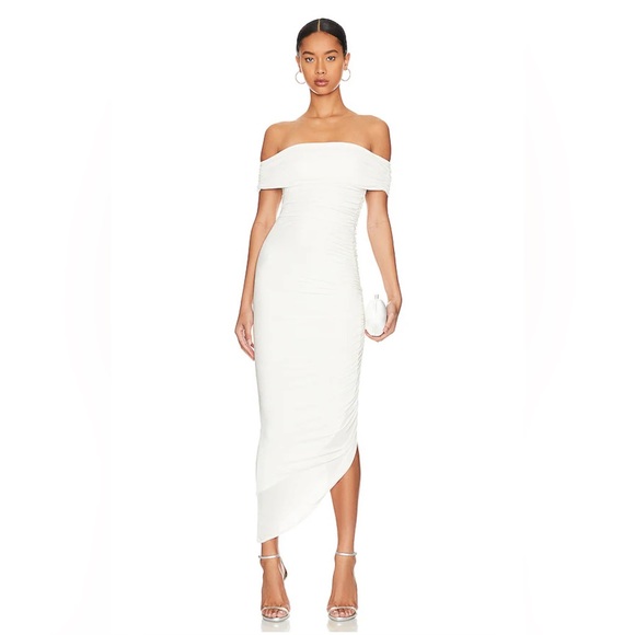 Misha Collection Keoni Off Shoulder Slinky Ruched Bodycon Midi Dress Ivory S NWT - Picture 1 of 9